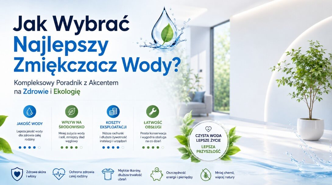 wybór zmiekczacza | Sklep HVAC High-Tech Baner informacyjny po polsku: 'Jak Wybrać Najlepszy Zmiękczacz Wody?' z kroplą wody i liściem, nowoczesnym wnętrzem w tle.